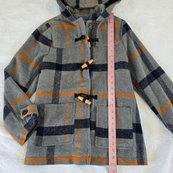 Modcloth Women's Gray Orange Plaid Pea Coat Size Medium Toggles Hooded Retro Y2K - Picture 9 of 15